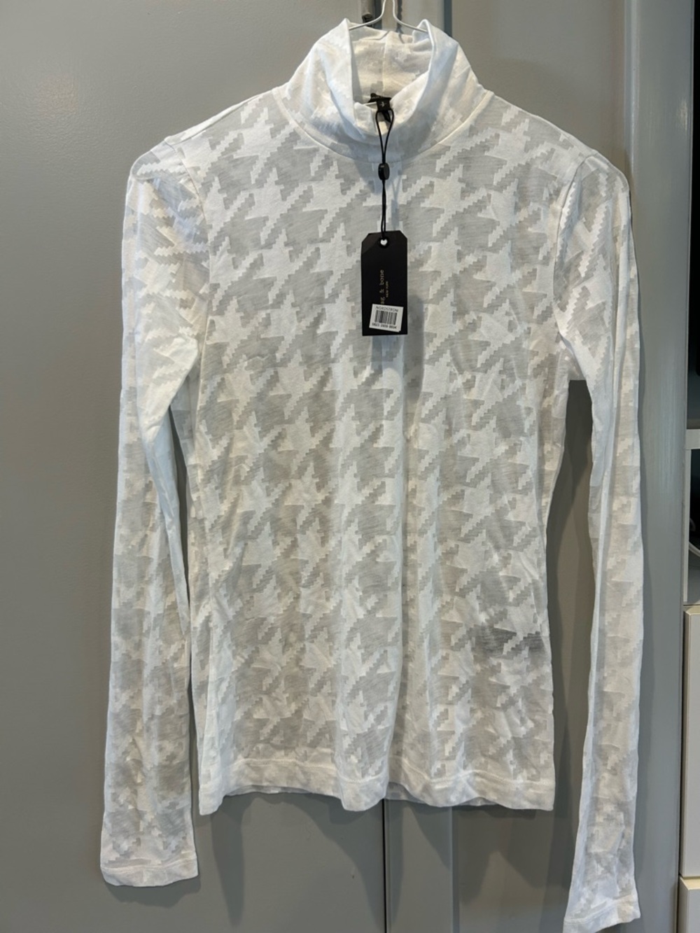 rag & bone White Sheer Houndstooth Mock Neck Top. Size small